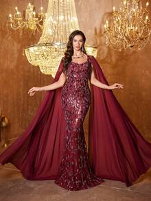 UNITHORSE [Random Print] Women's Sweetheart Neck Fitted Sequin Long Sleeve Evening Gown - Burgundy - View 2