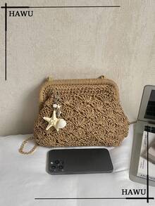 Starfish & Seashell Straw Clutch With Chain Strap | Summer Beach Vacation Essentials - Khaki - View 5