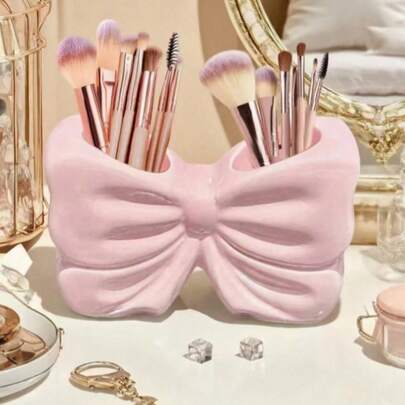 1pc Nordic Style 3D Printed Makeup Organizer Box, Cute Bow Tie Pen Holder - Desktop Makeup Brush And Office Supply Storage And Organization, Elegant Makeup Brush Holder, Suitable For Girls, Students And Women As Creative Decor, Body Art Decor, Office Supply Organizer, Multifunctional Desktop Pen Cup, Makeup Brush Holder; Birthday Gift, Party Gift; Valentine's Day Gift, Vanity Decor, Cosmetic Bag, Travel Essential