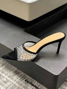 2026 New Open Toe Pointed Toe Mesh Rhinestone Strap Sandals, Elegant Thin High Heel Slip-On Slippers For Women Summer - Black - View 6