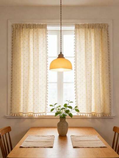 1pc Beige Dotted Thickened Tassel Voile Curtain, Luxury Sheer Curtain, Comfortable Semi-Blackout Curtain, Japanese Linen Style, Rod Pocket Semi-Blackout Curtain For Living Room And Bedroom, Sound Insulation And UV Protection, Home Decor Blackout Curtain