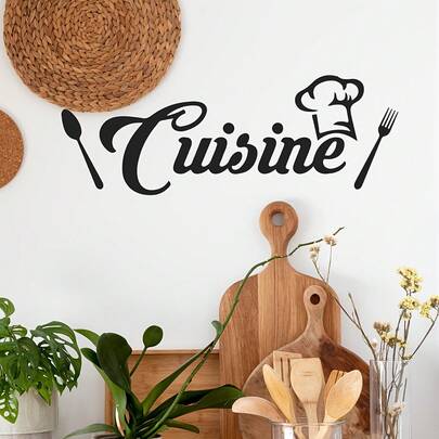1/2 Stücke Küchen Wandaufkleber Cuisine Zitat Vinyl Aufkleber mit Kochmütze und Küchenutensilien für Esszimmer, Restaurant Dekoration, abnehmbar, Peel und Stick, Wandkunst Wanddekoration