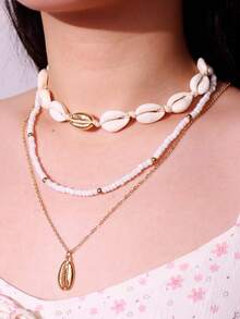 3pcs Bohemian Style Beaded Shell Necklace Set, Suitable For Women's Beach, Party Outfits - Beige - View 2