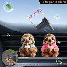 2个2D扁平树懒造型，身穿连帽衫，正在喝珍珠奶茶，可作汽车出风口装饰夹，“不含香料”，配有两片无香海绵垫，“香氛扩散器”，不含香料源，2D亚克力豪华卡通装饰，时尚汽车内饰配件，可自行添加香料 - 樹懶 - 查看 3