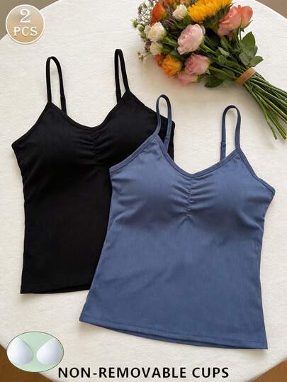 2pcs Of Comfortable And Minimalist Camisoles For Women, With Built-In Bra Pads, Fixed Cups, Sexy And Slim-Fitting Base Tops