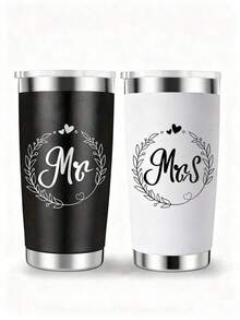 1 Set Mr & Mrs Stainless Steel Insulated Travel Mugs, Ideal For Newlyweds, Wife, Bride, Engagement Anniversary, Valentine's Day, Party, Wedding Gift, 20oz (600ml) Capacity - Multicolor - View 2