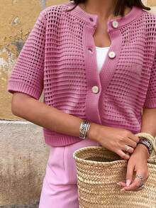 Áo khoác cardigan dệt kim tay ngắn cổ tròn mới cho mùa hè, kiểu dáng rộng rãi, khoét lỗ, mỏng, cài nút, màu hồng, thích hợp cho đi mua sắm, dạo phố, đi chơi, lễ tốt nghiệp, tiệc tùng mùa xuân. - Hồng đậm - Xem 6