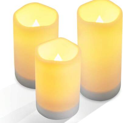 Outdoor Solar Candles - Flameless Pillar Waterproof Rechargeable Candle Set, White Resin, LED Lights, Includes Rechargeable Solar Battery, For Garden Decor, Size 3.25"X4" 5" 6"