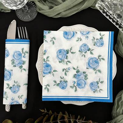 20张Babay蓝色玫瑰图案一次性餐巾纸，情人节装饰，婚礼生日周年纪念新娘派对装饰用品，展开尺寸13*13英寸，双层柔软纸质，适用于晚餐、野餐、聚会、餐厅、酒店