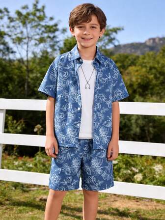 2pcs Boys' Floral All-Over Print Shirt And Shorts Set, Summer