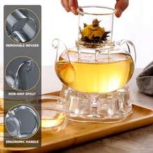 Juego de tetera de vidrio tetera de vidrio de 34 oz/1000 ml con infusor y calentador de té suelto juego de 4 tazas de té de doble pared de 5 oz/150 ml tetera apta para estufa y microondas - Por supuesto - Ver 3