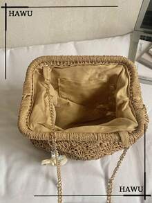 Starfish & Seashell Straw Clutch With Chain Strap | Summer Beach Vacation Essentials - Khaki - View 4