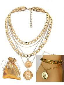 1 Set/3pcs Gold Punk Style Exaggerated Layered Pirate Necklace & Bracelet Set For Women - Multicolor - View 2