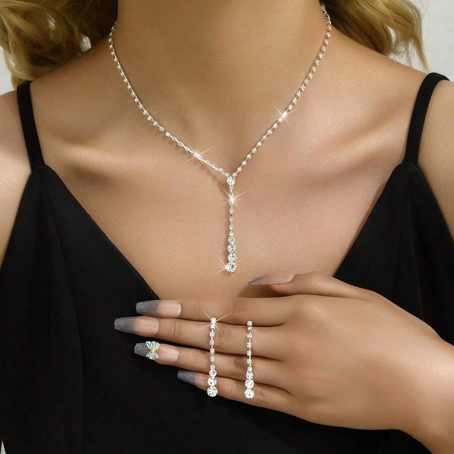 Set de 3 piezas de joyería minimalista con gota de agua de diamante de imitación, collar y aretes, adecuado para mujeres en bodas, cumpleaños, aniversarios y fiestas - Plateado - Ver 1