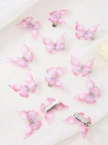 10pcs/Set Girls' Pink & Blue Double-Layer Crystal Organza Butterfly Hair Clips, Cute Hair Accessories - Multicolor - View 7