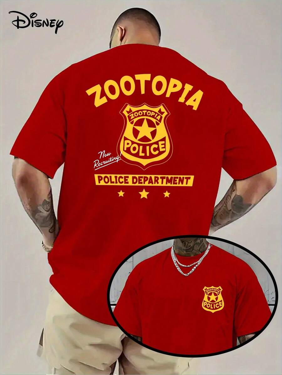 [Authorized By Disney] Zootopia Department Badge Men's T-Shirt Can Be Flipped, Inspired By Nick Wilde And Judy Hoops, Zootopia Logo, Casual. - Red - View 1