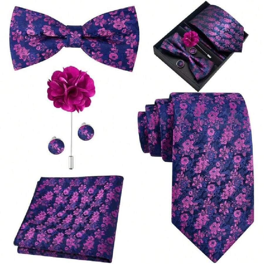 Men's Satin Ties, Slim Tie And Bow Tie Set For Gentlemen, High Quality Suit Accessory, 8CM Ties With Cufflinks And Box, Gift For Husband, Father, Friend, 42548344 - 藍白色 - 查看 1