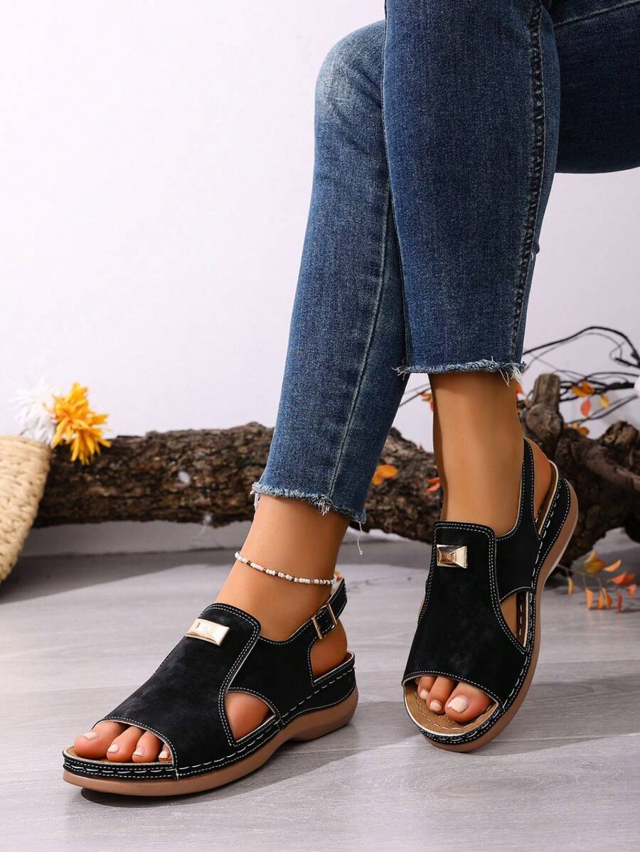 2026夏季新款时尚露趾沙滩凉鞋，厚底坡跟休闲凉鞋，女士款 - 黑色 - 查看 1