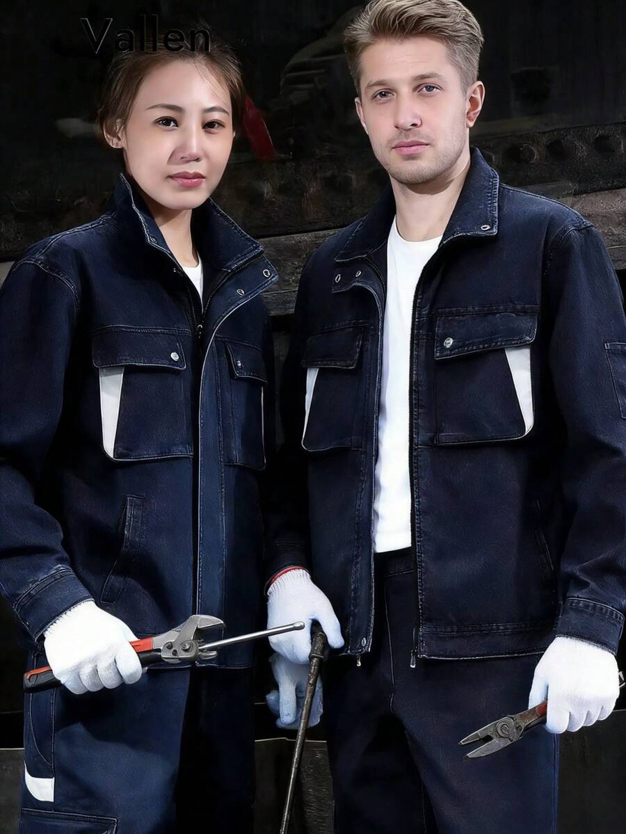 Denim Welder Work Suit Set For Men, Stand Collar, Heat-Resistant, Thickened, Autumn And Winter Welding Suit, Electrician Labor Protection Clothing - Black - View 1