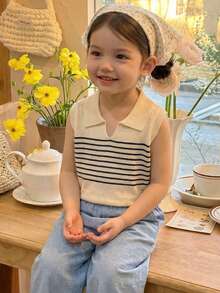 女童条纹领无袖针织套头衫，休闲校园风，适合春、夏、初秋穿着 - 杏色 - 查看 1