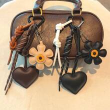 1PC Girl -Style DIY Bag Pendant, Leather Braided Rope Flower Heart Ornament, Car Keychain Pendant - 米色 - 查看 5