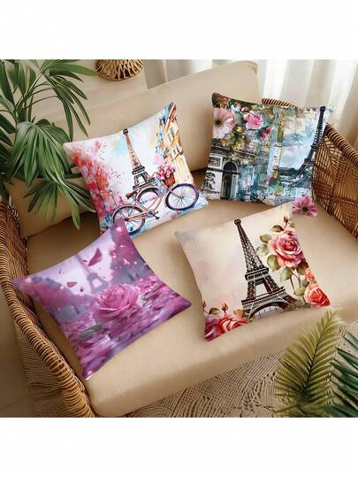 4件套浪漫巴黎埃菲尔铁塔玫瑰装饰枕套，粉色涤纶靠垫套，适用于沙发、床、汽车和客厅装饰，不含枕芯（不含枕芯）