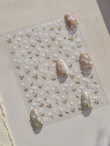 1pc 5D Embossed Self-Adhesive Nail Sticker, Gold Foil Leaf & Magnolia Flower Spring Nail Art Decals, Versatile Retro Small Flower Nail Sticker Supplies - Multicolor - View 6