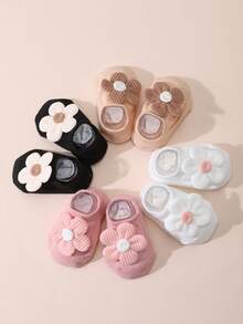 4 Pasang Kaos Kaki Pendek Motif Bunga untuk Bayi/Balita Perempuan, Warna Polos, Sol Anti Selip, Cocok untuk Semua Musim - MultiWarna - View 5