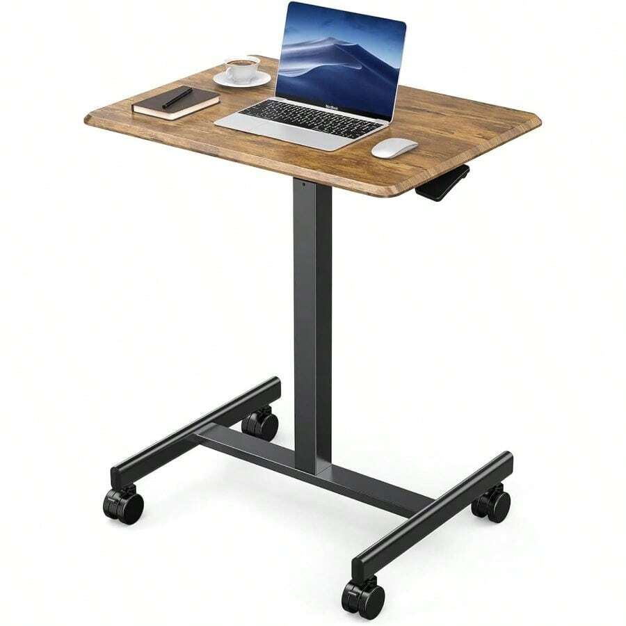 DUMOS Small Standing Desk Mobile Portable Rolling Laptop PC Table On Wheels Adjustable Height Computer Workstation Home Office, 19 Inch, Brown - 棕色的 - 查看 1