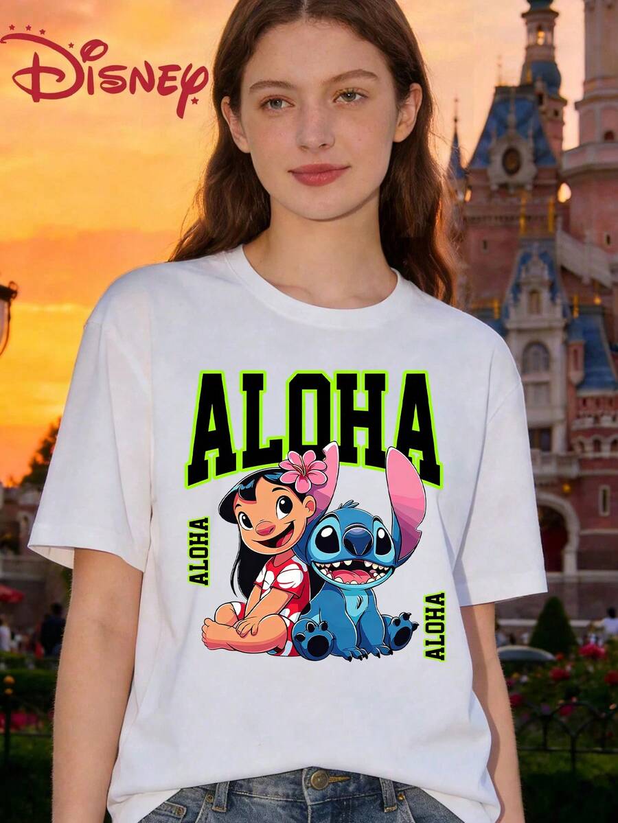Disney Lilo & Stitch Aloha Print Women's White Short Sleeve Round Neck Casual Cotton T-Shirt - 白色 - 查看 1