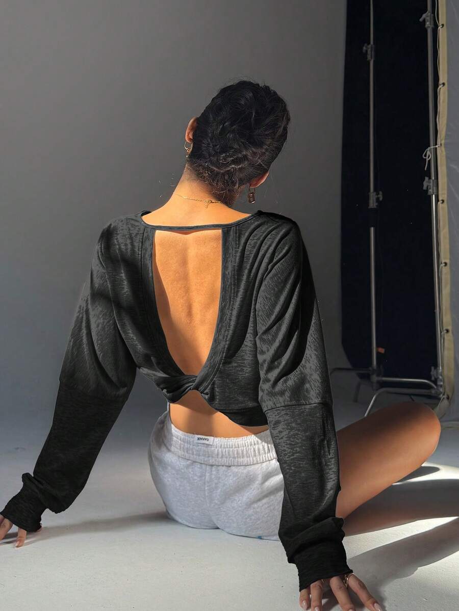 Best Selling! Light Gray Open Back Long Sleeve Fitted Top, Casual & Sexy Sports - Black - View 1