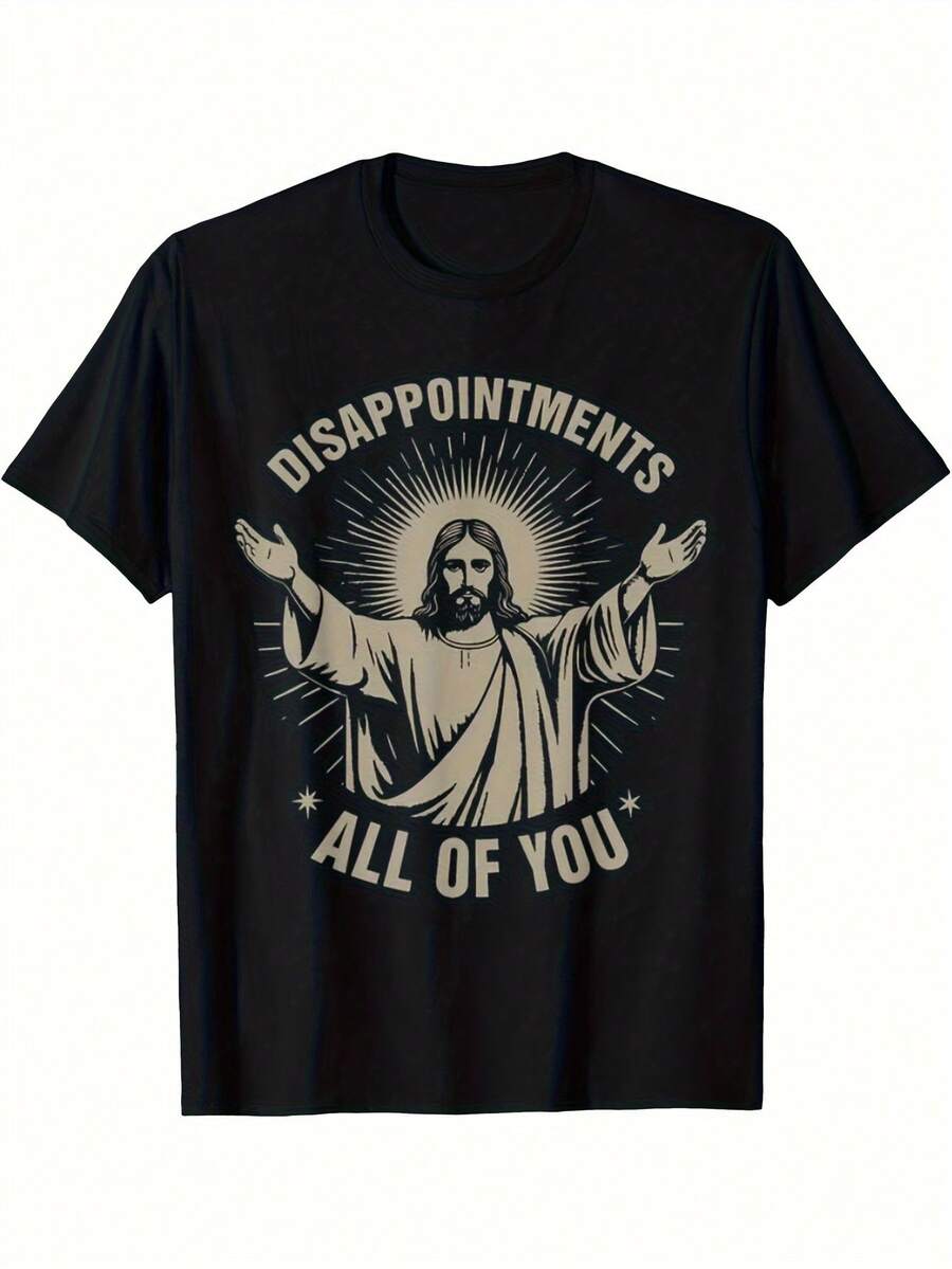 Camiseta de algodón de 180 g con una divertida imagen de Jesús - Talla para adulto - Lema Todos me habéis decepcionado y estampado de Jesús sonriente - Camiseta casual, divertida y novedosa% algodón, fondo negro con texto blanco, de manga corta y cuello redondo, adecuada para el transporte diario, salidas informales, uso versátil en el hogar y para paseos al aire libre. Sencilla y sin restricciones, estilo de nicho moderno, la primera opción para parejas. - negro - Ver 1