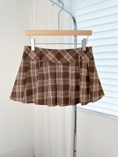 Coffee-Colored Plaid Pleated Mini Skirt, Suitable For Summer Beach Vacation, Festival Outfit, Slimming & Anti-Flashing Lining, Low-Waist Zipper