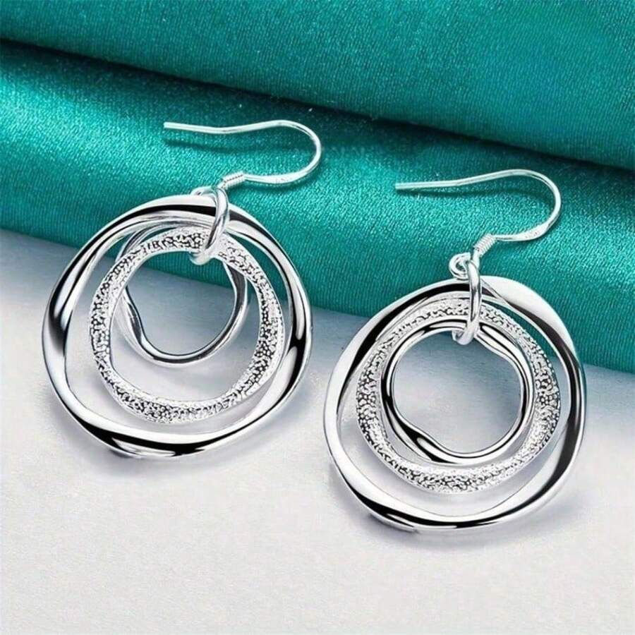 1 Pair Elegant 925 Silver Plated Vintage Frosted Wave Dangle Earrings For Women - Triple Loop Earrings - Gift For Christmas, Wedding, Party - 銀色 - 查看 1