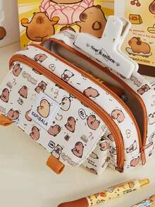 1个水豚翻盖铅笔盒（不含钥匙扣），卡通学生铅笔袋，多层大容量文具袋，学生桌面文具收纳，返校礼物，学生文具 - 卡皮巴拉筆袋 - 查看 5