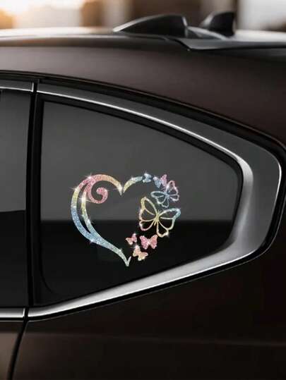 Shiny Heart & Butterfly Car Stickers - Glitter Rhinestone Decorative Stickers, Waterproof Self-Adhesive For Car Body & Windows