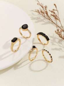 5pcs Set Fashionable Exquisite Luxury Versatile Casual Elegant Rhinestone Black Gemstone Gold Alloy Rings, Suitable For Girlfriend, Wedding Engagement - Multicolor - View 3