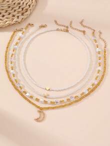 4件套时尚甜美仿珍珠心形星星月亮项链套装，女孩派对配饰 - 彩色 - 查看 6