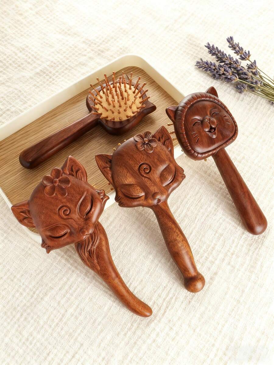 一套美发造型工具,手工雕刻动物造型木质气垫梳,猫/狐狸造型气垫梳,天然檀香木皮革按摩梳,柔顺护发气垫梳,女士长发造型工具,适合居家使用,礼品套装。 - 彩色 - 查看 1