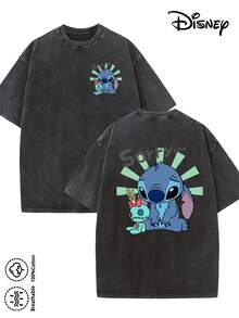 Disney-Licensed Men's Cotton T-Shirt For The 2026 Family Holiday. Featuring A Stitch Motif, Washed Crew Neck, Soft And Comfortable Feel, Easy Care And Suitable For Various Occasions Such As Holidays, Everyday Life And Commuting – Full Of Festive Spirit. - 黑色 - 查看 1