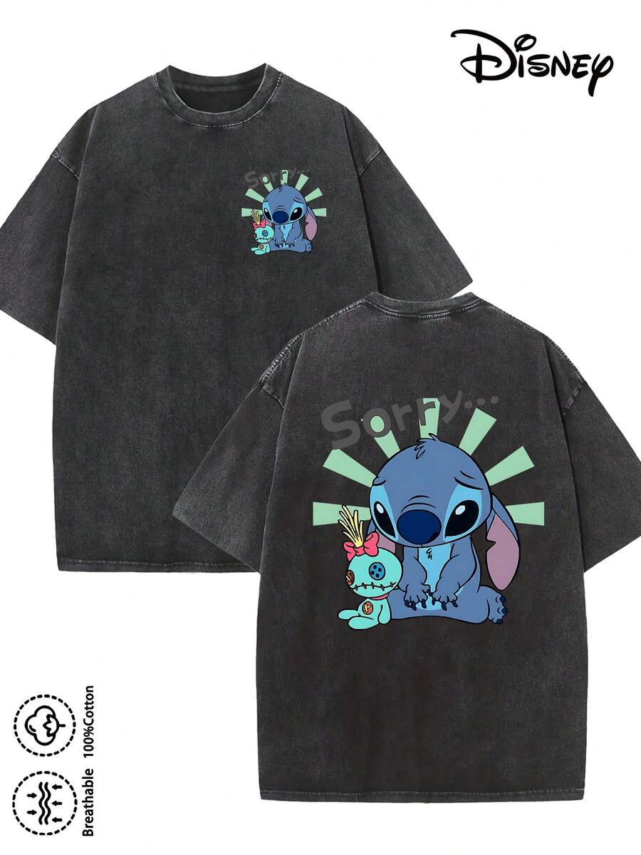 Disney-Licensed Men's Cotton T-Shirt For The 2026 Family Holiday. Featuring A Stitch Motif, Washed Crew Neck, Soft And Comfortable Feel, Easy Care And Suitable For Various Occasions Such As Holidays, Everyday Life And Commuting – Full Of Festive Spirit. - 黑色 - 查看 1