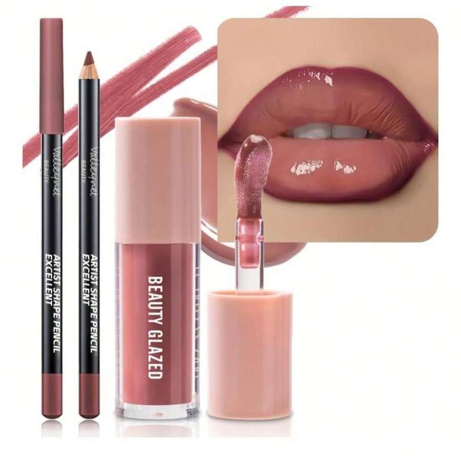 Beauty Glazed 2Pcs/Set Lip Gloss &Amp; Lip Liner Set Rosewood Nude U2013 Lip Combo Set For Fuller Looking Lips, High Shine Glass Lips Look, Gradient Lips &Amp; Over Lip Makeup Viral Lip Combo For Volume Lips - Màu A - Xem 1