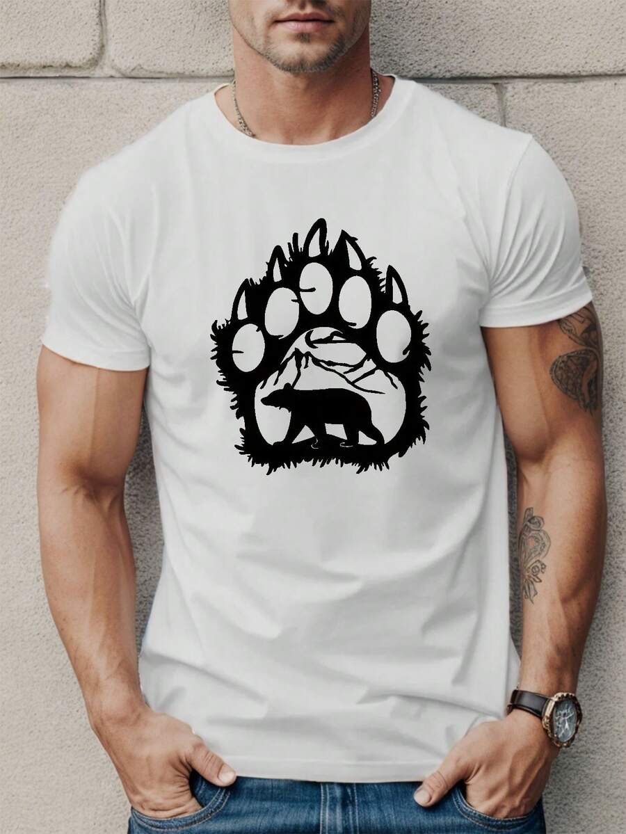Camiseta Gráfica Vintage para Hombre con Diseño de Pata de Oso y Oso Caminando - Diseño de Silueta de Naturaleza Salvaje, Camiseta de Aventura al Aire Libre en Blanco y Negro, Camiseta Casual de Cuello Redondo para Todas las Temporadas, Ideal para Senderismo, Camping y Vestimenta Casual - Ropa Duradera para Hombre, Camisetas Gráficas, Camisetas Gráficas para Hombre, Camisetas para Hombre, Camisetas de Camuflaje, Camisetas Gráficas para Hombre, Ropa para Hombre, Artículos para Hombre, Retro, Camisetas, Camisetas para Hombre, Artículos - Blanco - Ver 1