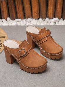 1 Pair Simple Solid Color Buckle Decor Comfortable Slip-On Women High Heel Platform Wedge Sandals, Closed Toe High Heels, Retro College Style For Spring/Summer Daily, Party, Music Festival, Brown - بني - مشاهدة 6