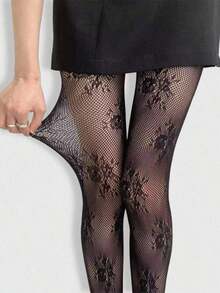 ROMWE Kawaii Floral High Elasticity Hollow Out Sexy Fishnet Tights, Suitable For Women's Daily Wear - màu đen - Xem 5
