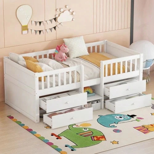Mid-Height Bed, 90 X 200 Cm, 4 Drawers, Ladder Rail, Pine Wood, Mattress Not Included, Minimalist Style, White - White - View 1