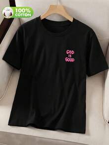 Áo thun nữ in chữ, màu đen, 100% cotton, thích hợp mặc mùa hè, áo thun cotton nguyên chất kiểu dáng thường ngày. - màu đen - Xem 4