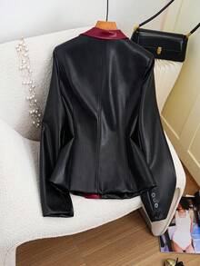 女士翻领单排扣PU皮时尚百搭夹克 - 酒紅色 - 查看 4