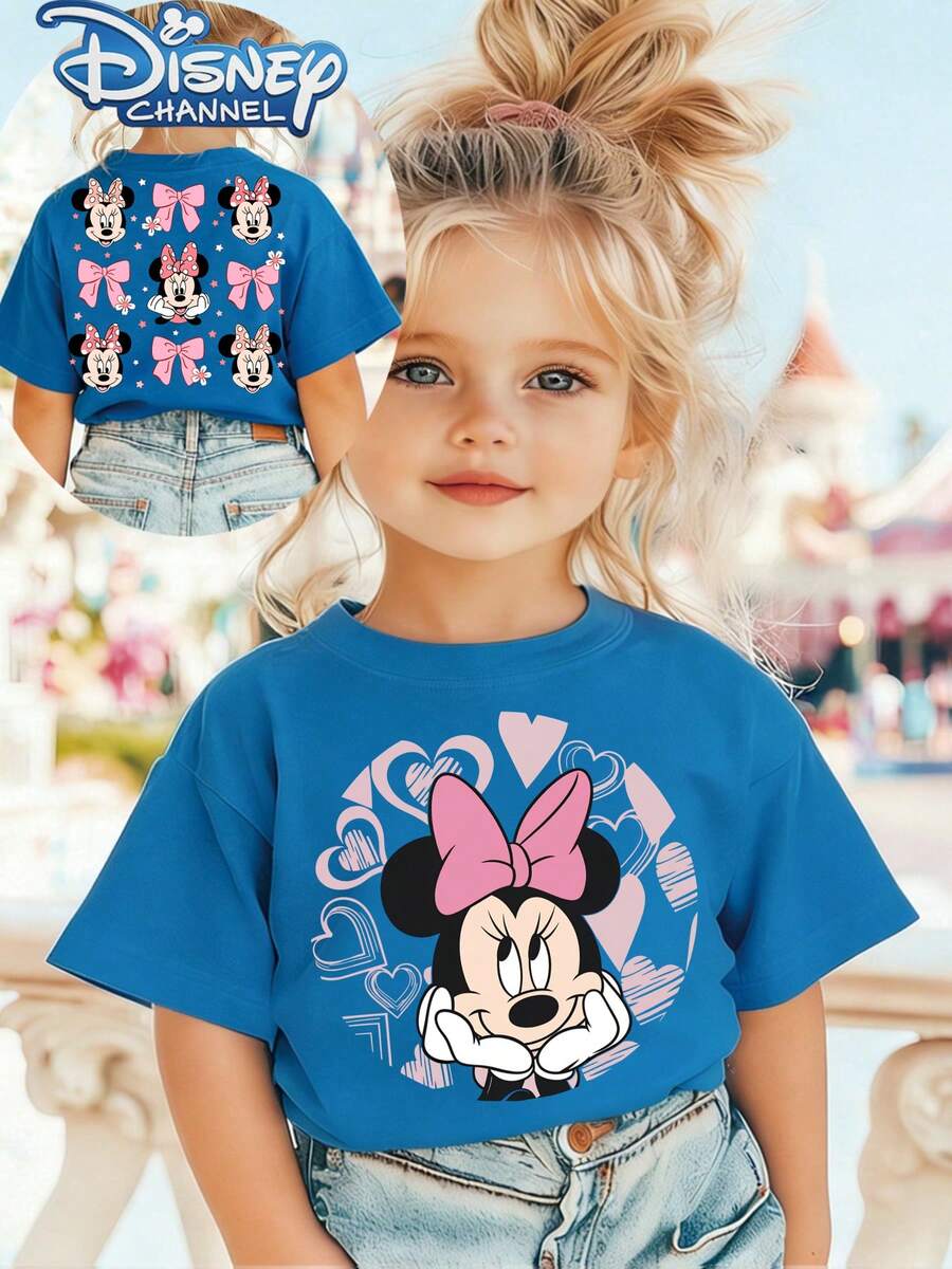 Minnie Mouse With Pink Bow One Cute Disney Fresh And Fashionable Round Neck T Shirt For Girls Made Of 100 Cotton Is An Ideal Choice For Daily Wear Vacation Leisure Outdoor Exploration School Life And Shopping Trips It Is A Must Have Item For Summer It Is Also An Excellent Gift For The Same Boy And Girl Every Child Deserves One - Blue - View 1