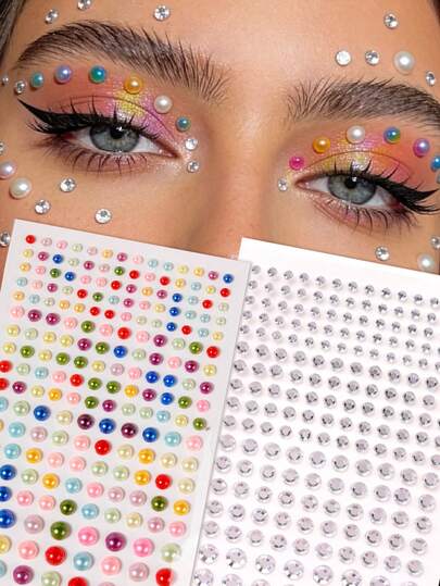 2颗彩色3D珍珠和闪亮透明水钻面部装饰贴片，适用于眼角/指甲/面部装饰，可用于音乐节、嘉年华、情人节、Y2K风格派对、日常装饰、化妆派对、舞会等场合，也可用于头发、眼睛、面部、身体装饰。